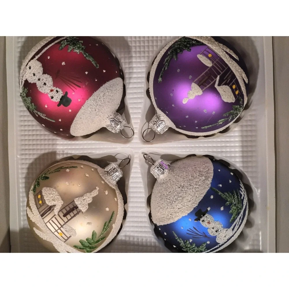Polish Glass Christmas Ornaments Set 4 Snowman Winter Village Hand Painted